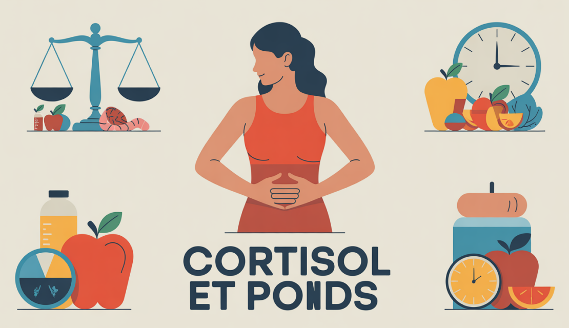 Silhouette équilibre ventre, aliments et horloge, cortisol et poids