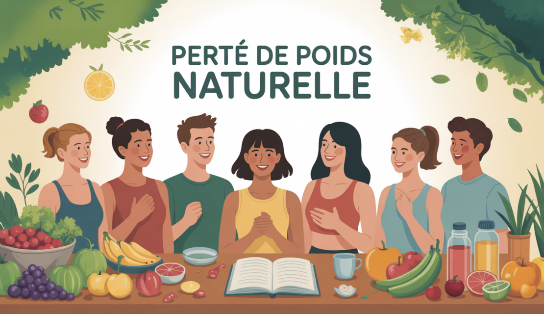 groupe souriant autour table fruits legumes carnet perte de poids naturelle