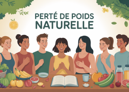 groupe souriant autour table fruits legumes carnet perte de poids naturelle