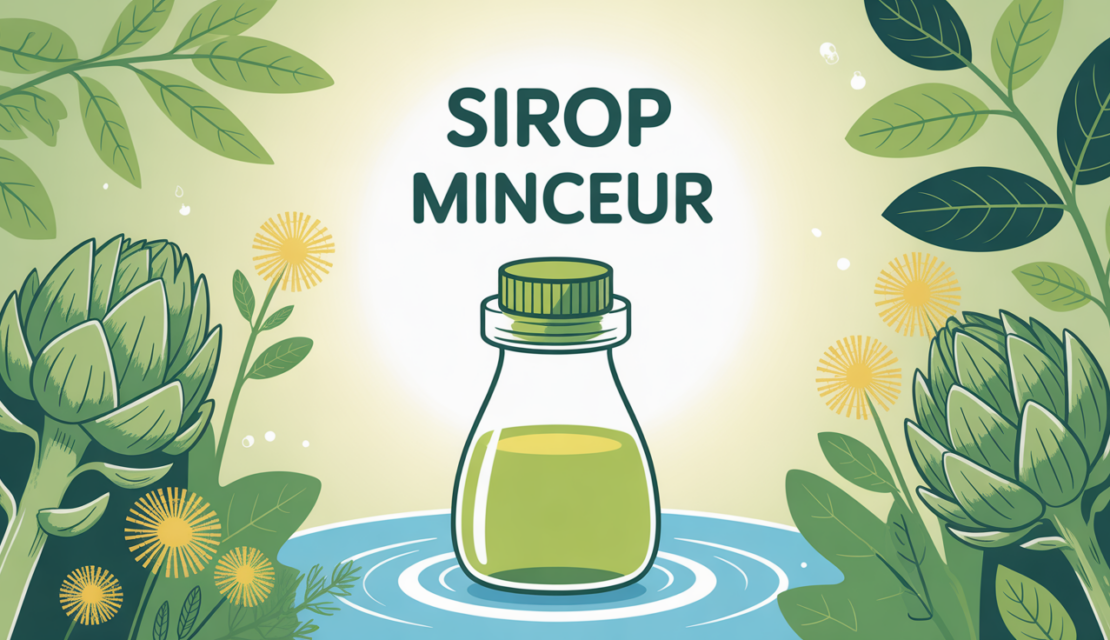 illustration flacon sirop minceur avec plantes et eau