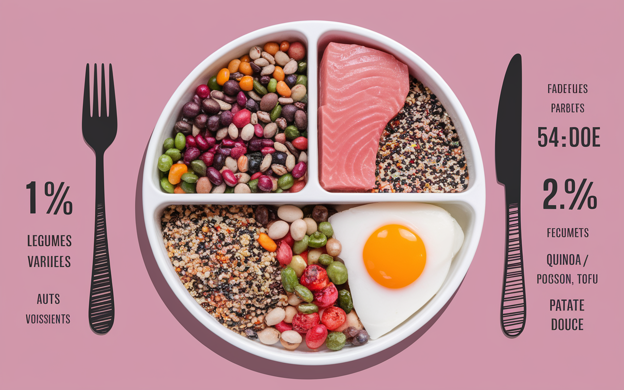 Assiette minceur équilibrée 50-25-25 avec légumes, protéines, féculents