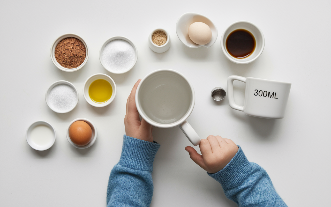Ingrédients mug cake chocolat en poudre et mug vide 300ml