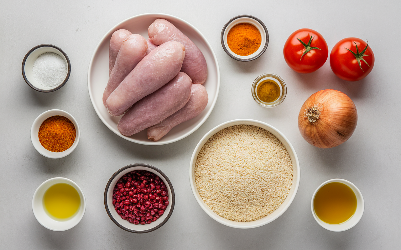 Ingrédients de paella poulet chorizo disposés avec quantités
