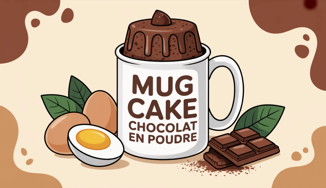 Mug cake chocolat en poudre moelleux dans mug blanc fond ingrédients