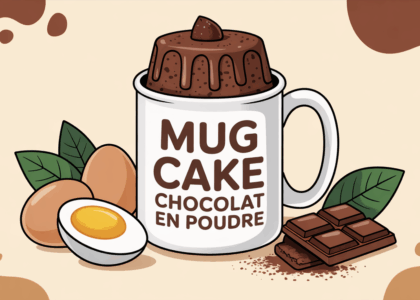 Mug cake chocolat en poudre moelleux dans mug blanc fond ingrédients