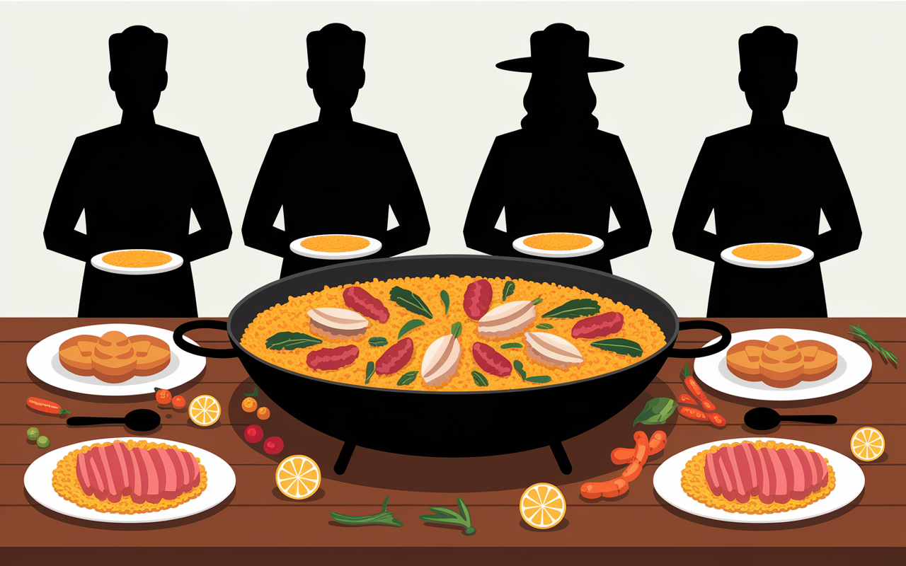 Poele de paella poulet chorizo sur table ambiance festive