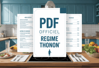 PDF officiel regime Thonon sur table de cuisine avec menu et liste de courses