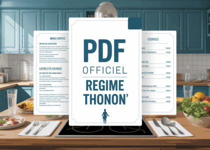 PDF officiel regime Thonon sur table de cuisine avec menu et liste de courses