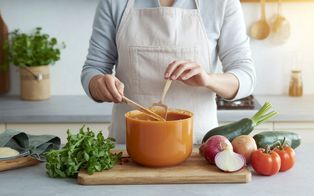 soupe aux choux calorique, légumes frais découpés, plan de travail