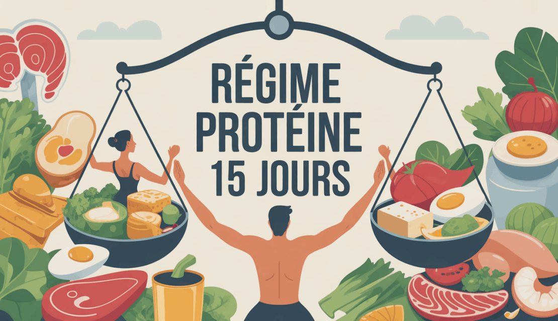Illustration regime proteine 15 jours homme femme sur balance aliments proteines