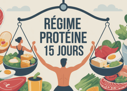 Illustration regime proteine 15 jours homme femme sur balance aliments proteines