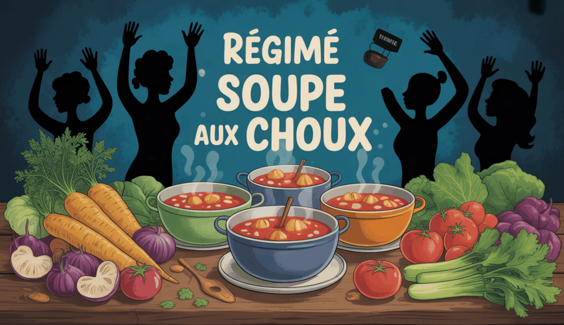 soupe au chou et legumes sur grande table, personnes heureuses