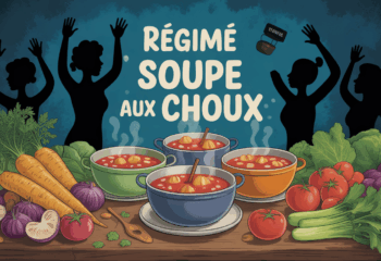 soupe au chou et legumes sur grande table, personnes heureuses