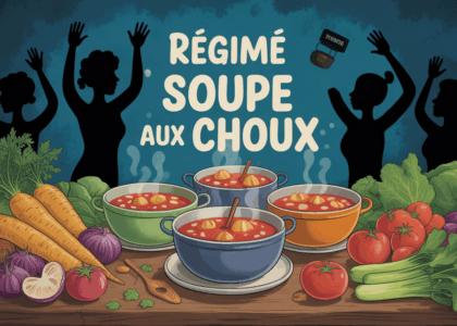 soupe au chou et legumes sur grande table, personnes heureuses