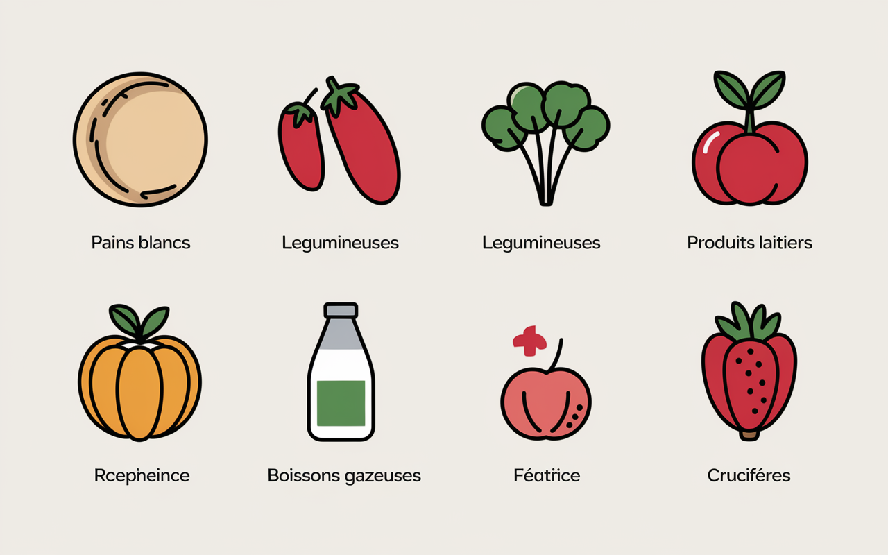 Icônes aliments à éviter ventre gonflé légumineuses pain boissons