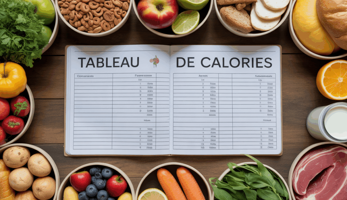 aperçu aliments variés sur table avec tableau calories