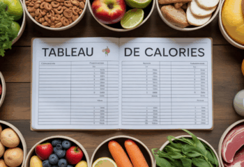 aperçu aliments variés sur table avec tableau calories