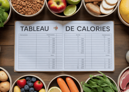 aperçu aliments variés sur table avec tableau calories