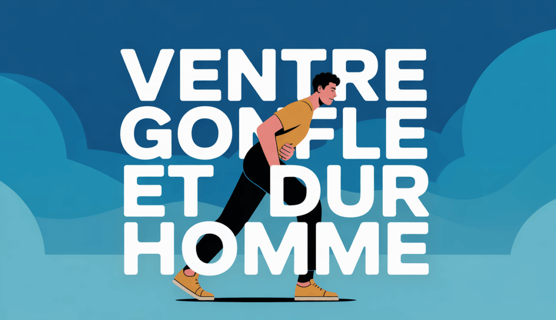 homme actif main sur ventre gonflé devant fond bleu