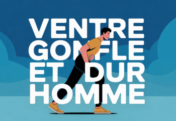 homme actif main sur ventre gonflé devant fond bleu