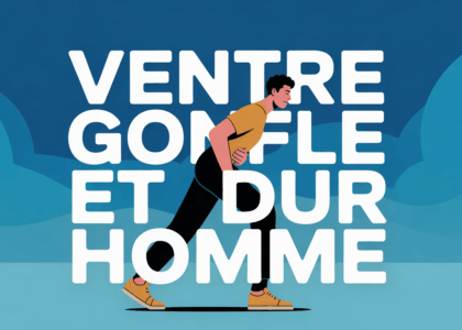 homme actif main sur ventre gonflé devant fond bleu