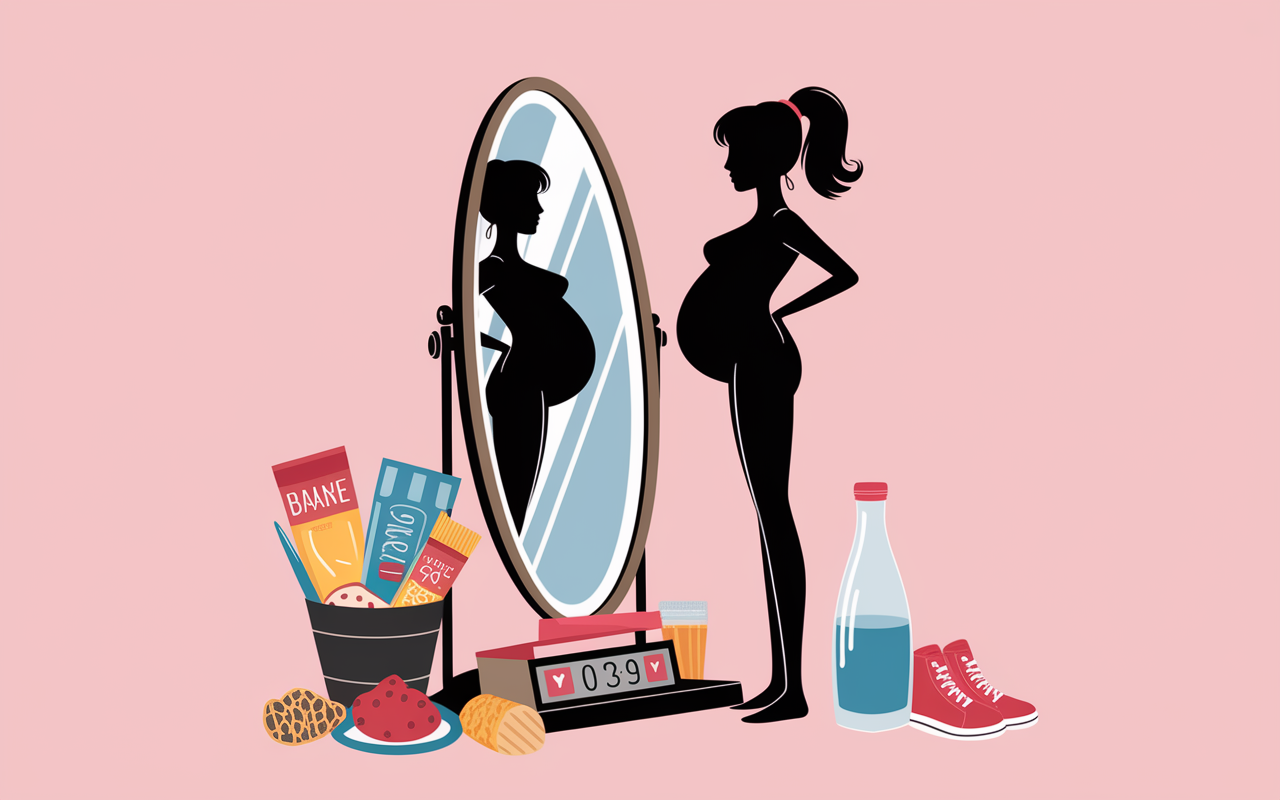 femme miroir ventre gonfle balance aliments hydration