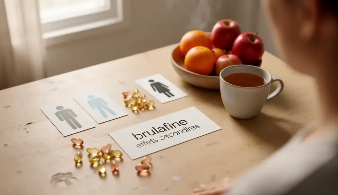 brulafine effets secondaires en photo réaliste sur une table avec gélules, thé et fruit