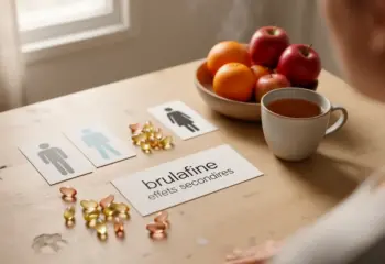 brulafine effets secondaires en photo réaliste sur une table avec gélules, thé et fruit