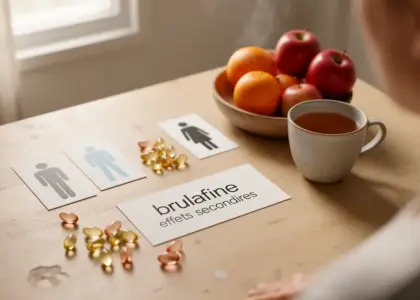 brulafine effets secondaires en photo réaliste sur une table avec gélules, thé et fruit