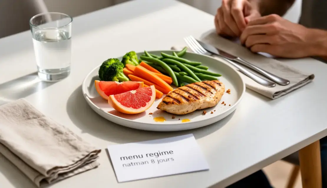 Photo menu régime Natman 8 jours avec légumes vapeur, pamplemousse, poulet