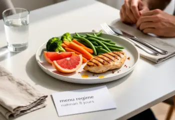 Photo menu régime Natman 8 jours avec légumes vapeur, pamplemousse, poulet