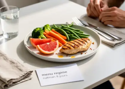 Photo menu régime Natman 8 jours avec légumes vapeur, pamplemousse, poulet