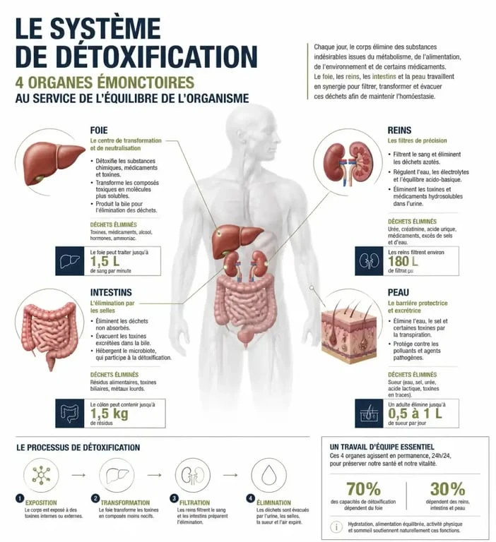 Infographie sur le processus de détoxification du corps humain et le rôle des organes émonctoires pour une detox efficace