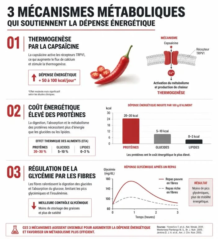 Infographie expliquant les mécanismes des aliments brûle-graisse sur le métabolisme