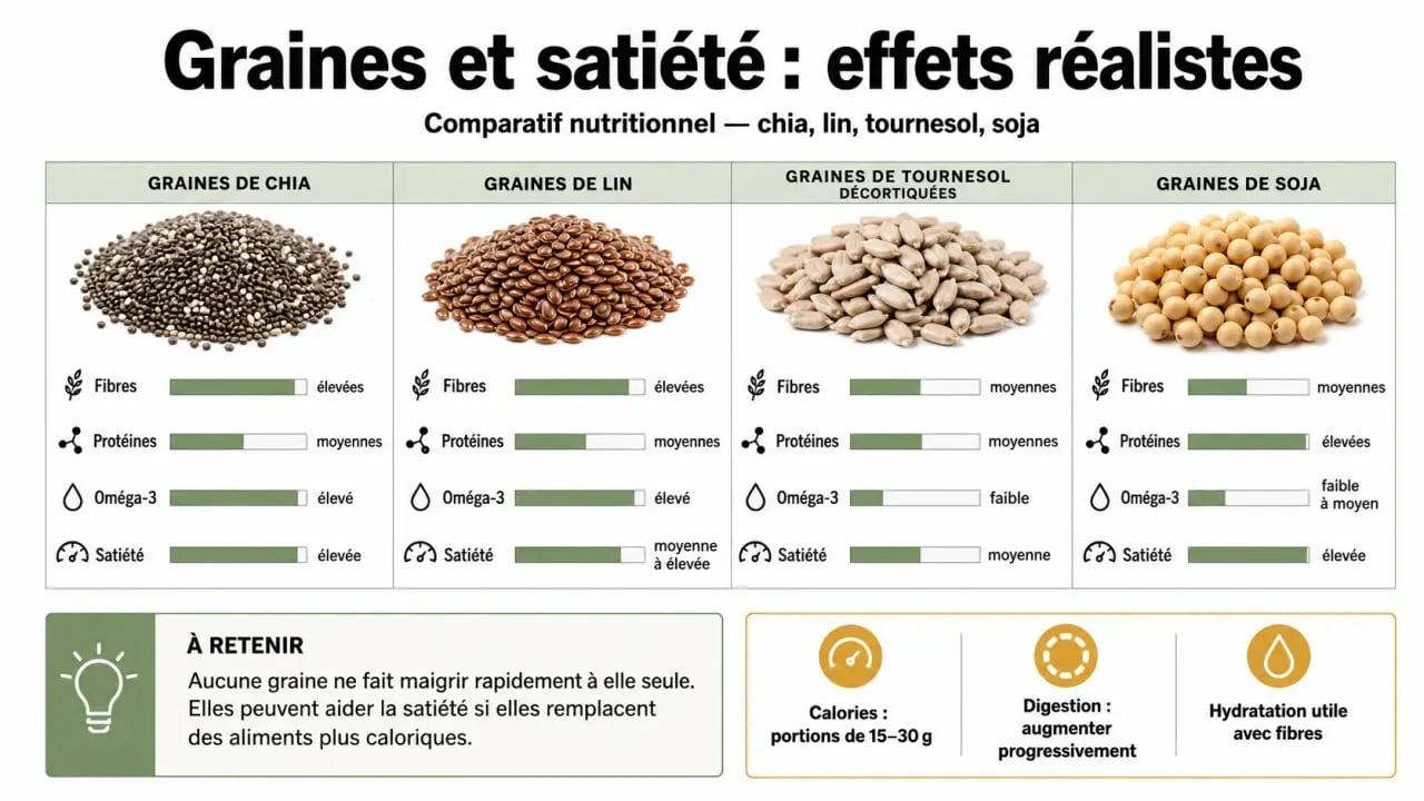 Graines pour maigrir rapidement avis : comparatif visuel des graines de chia, lin, tournesol et soja
