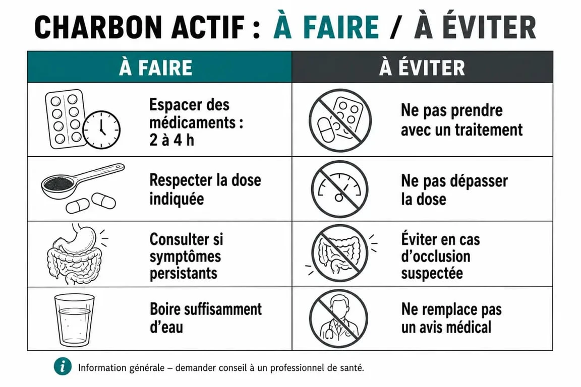 Infographie des bonnes pratiques et précautions pour l'usage du charbon actif avant de dormir