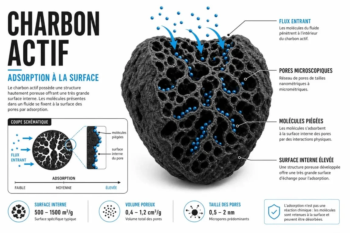 Schéma explicatif du mécanisme d'adsorption du charbon actif avant de dormir
