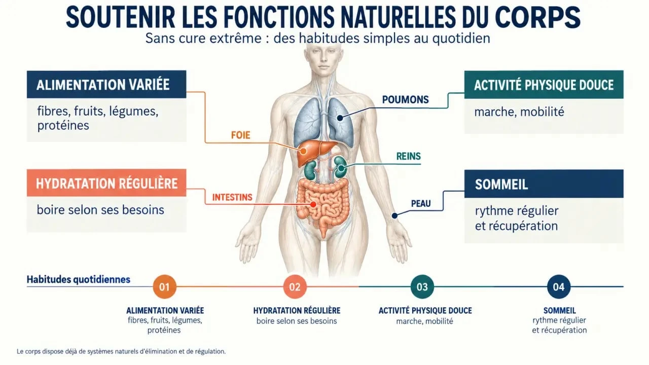 Schéma explicatif pour comprendre comment detoxifier son corps naturellement avec le foie, les reins, les intestins, l’hydratation et le repos
