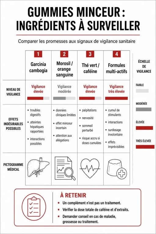 Gummies perte de poids danger : comparaison visuelle des ingrédients à risque à surveiller