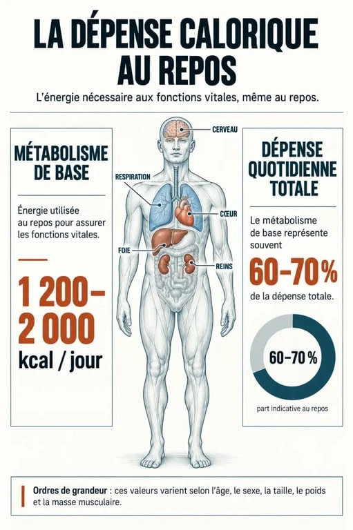 Combien de calorie brule t on par jour sans rien faire : schéma du métabolisme de base et des facteurs qui influencent la dépense au repos