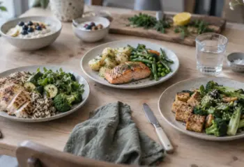 Menu regime proteine 2 semaines : assiettes poulet, saumon et tofu avec légumes